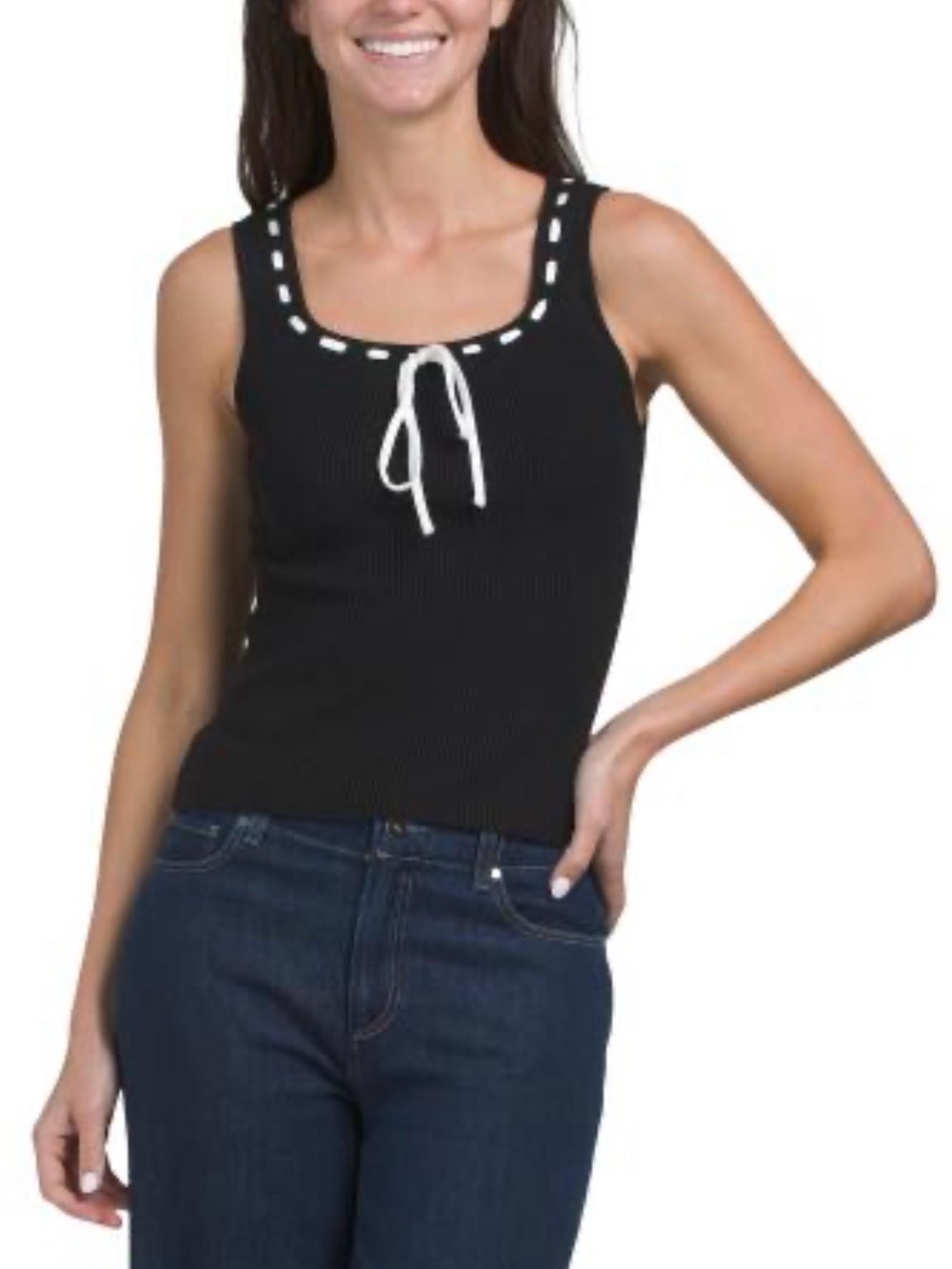 Idem Ditto Chic, Stylish Black Ribbed Knit Tank Top W/White Tie Size Small NWT